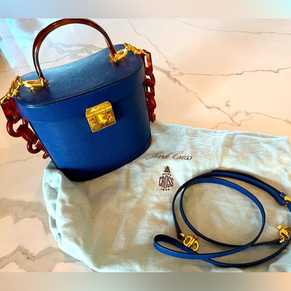AUTHENTIC Mark Cross Saffiano Benchley Handbag - Tortoise Handle/Chain Strap